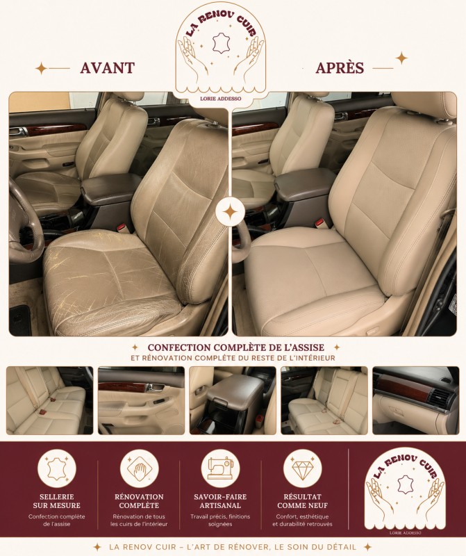 Sellerie Toyota Land Cruiser refaite à neuf à Lyon : rénovation du cuir et confection assise conducteur cuir